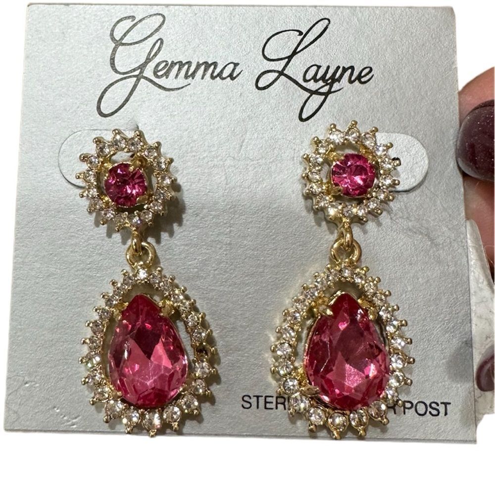 NEW Gemma Layne Pink & Rhinestones Sterling Silver Post Dropped Earrings